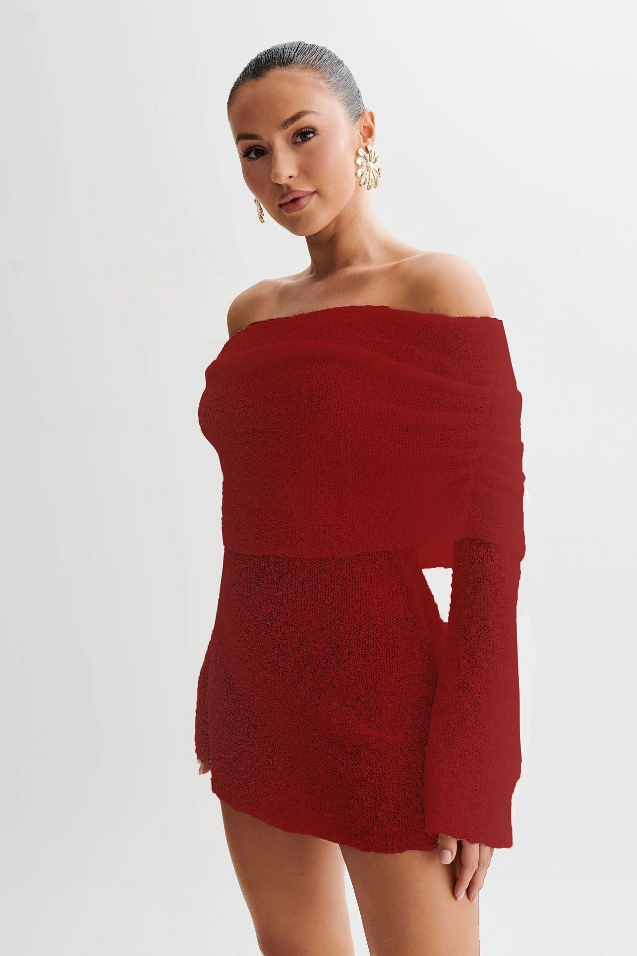 Women's Beach Dress – Knit – Slim Fit – Off Shoulder – Semi Transparent – Long Sleeves