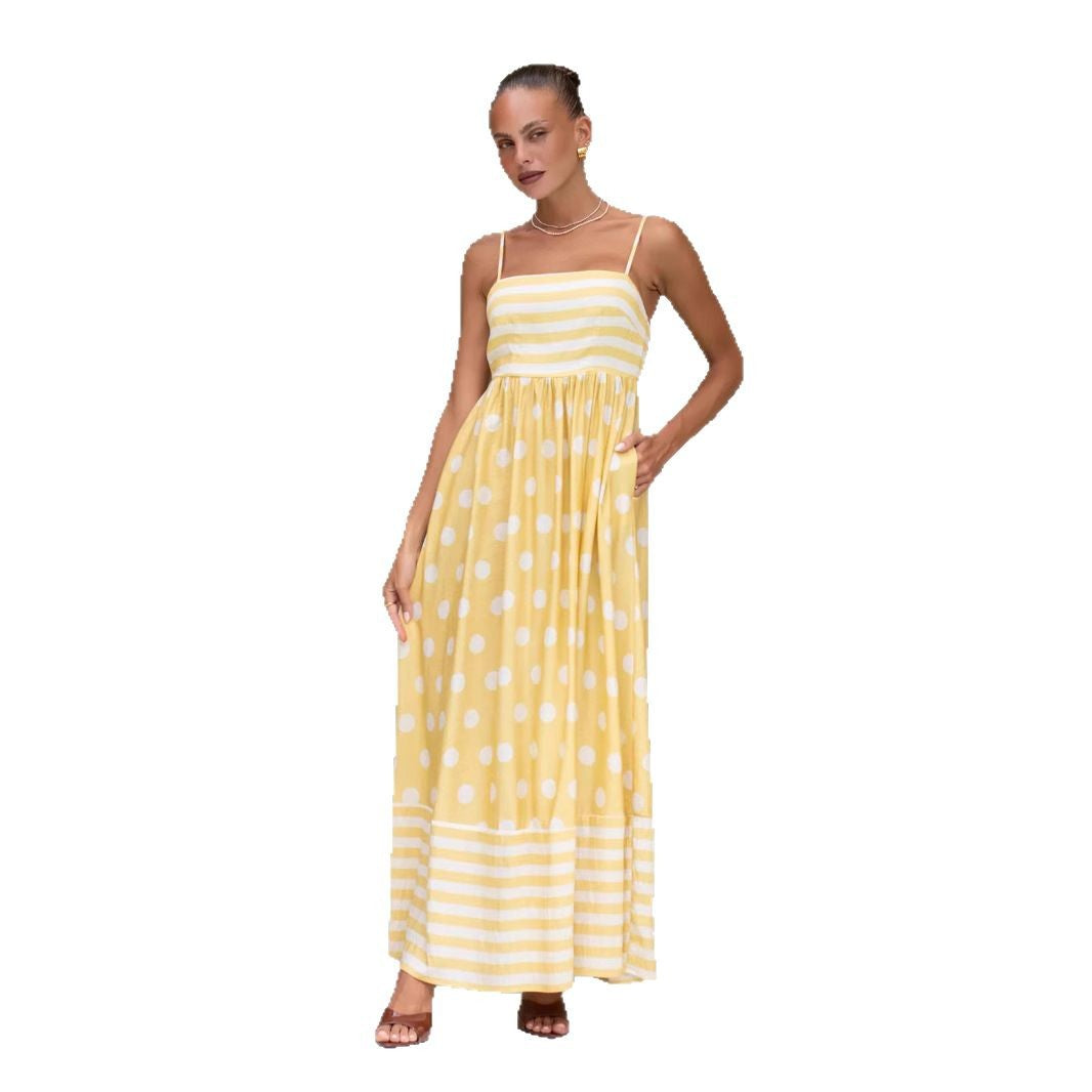 Women's Maxi Dress – A-Line Fit – Light Cotton – Spaghetti Straps – Pattern with Pockets