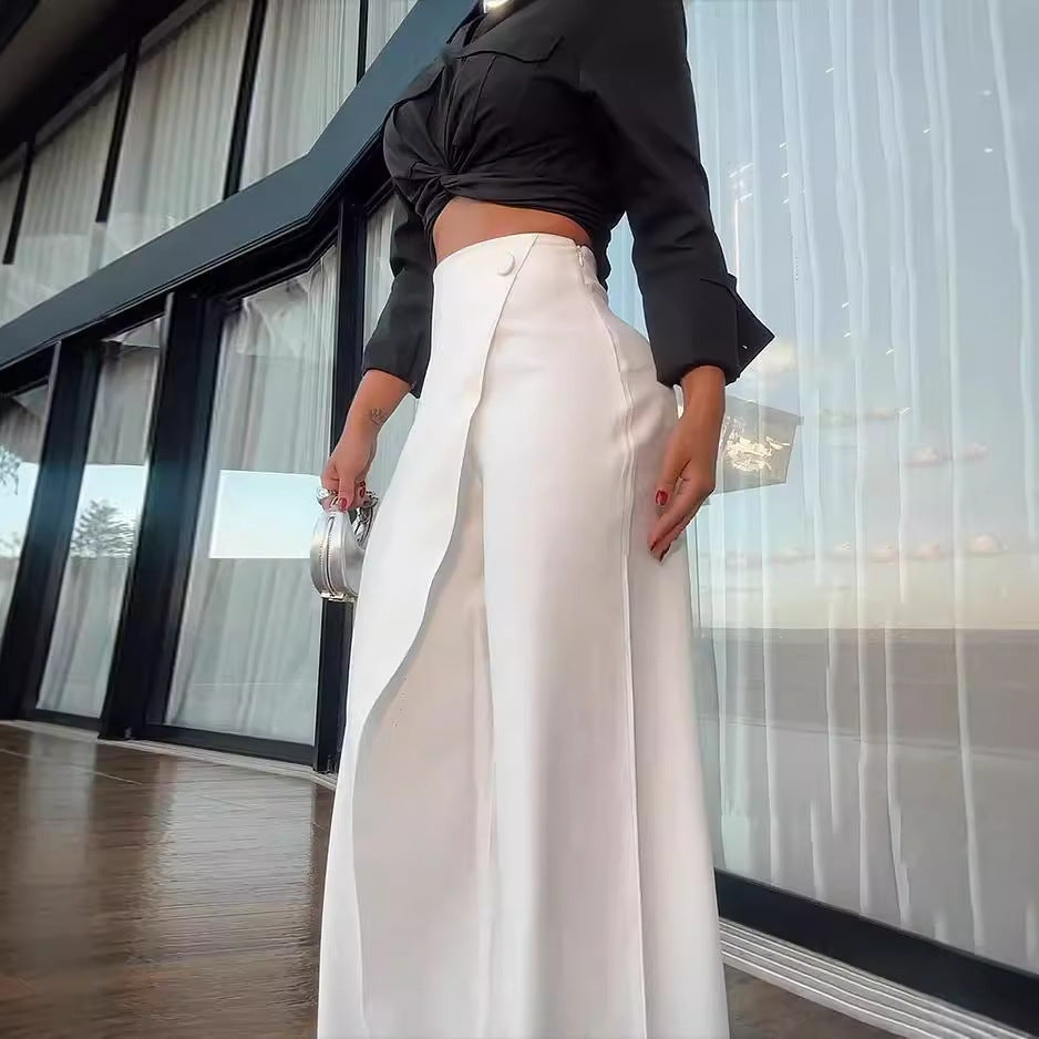 Women's Set – Satin Crop Top with Tie – High-Waisted Wide Pants