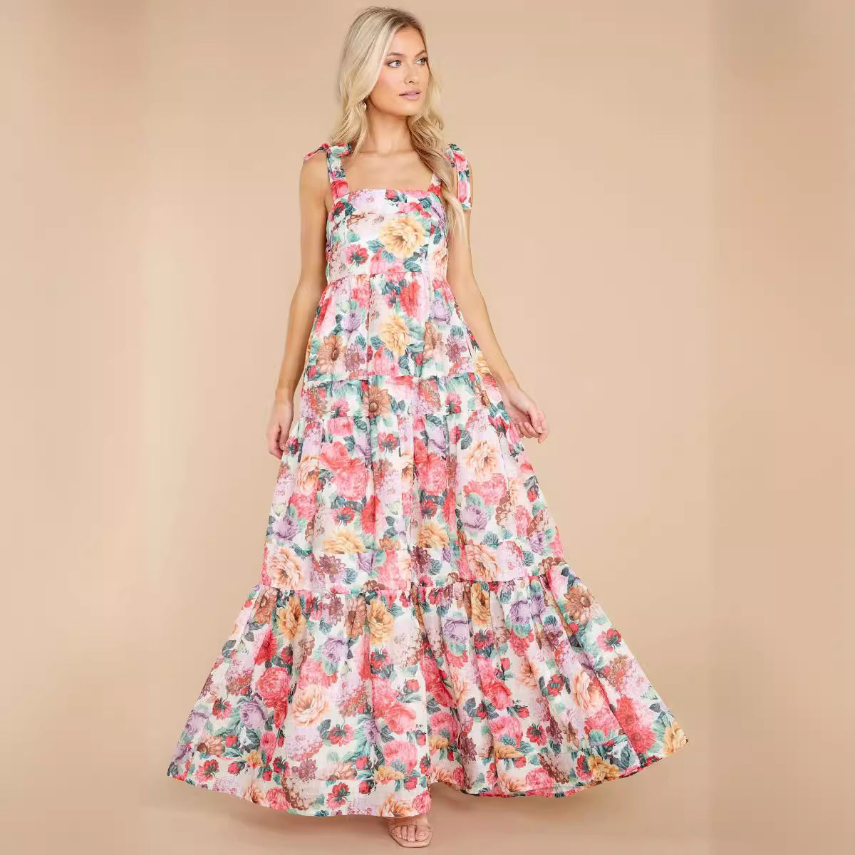 Women's Maxi Dress – Sleeveless A-Line – One Shoulder – Floral Print – Layered Cotton