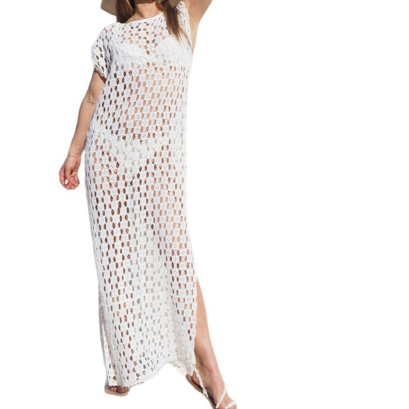 Women's Maxi Dress – Crochet Knit – Sleeveless – Relaxed Fit – Side Slit