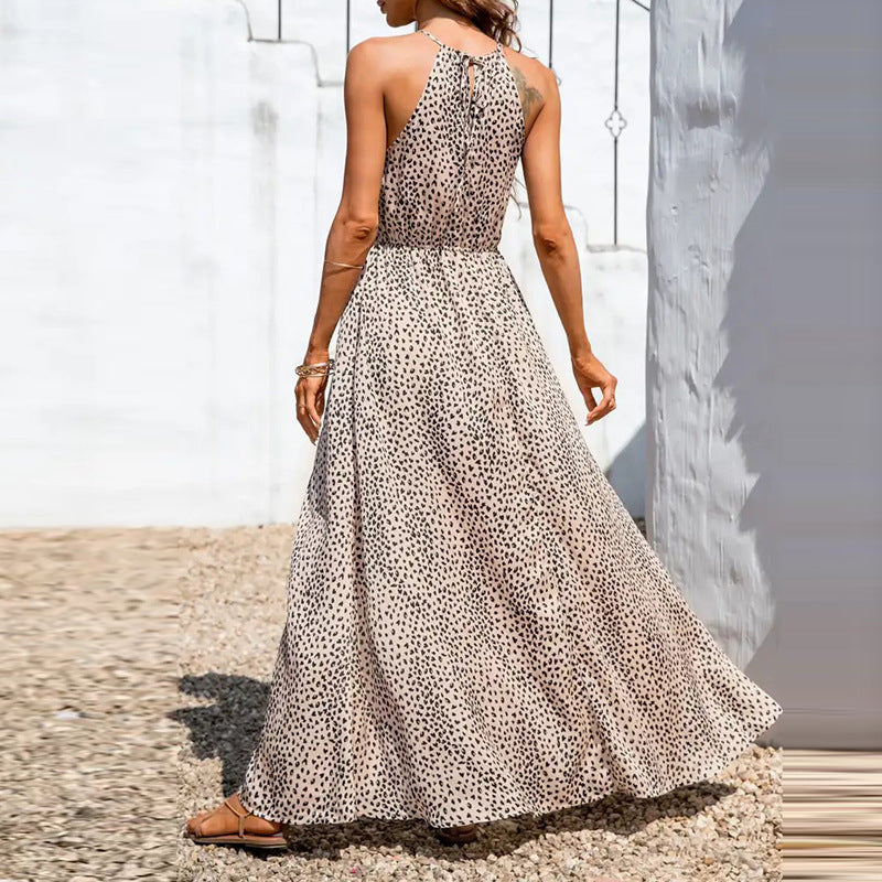 Dress for Women – Halterneck – A-line – Light Material – Polka Dot Pattern – High Slit