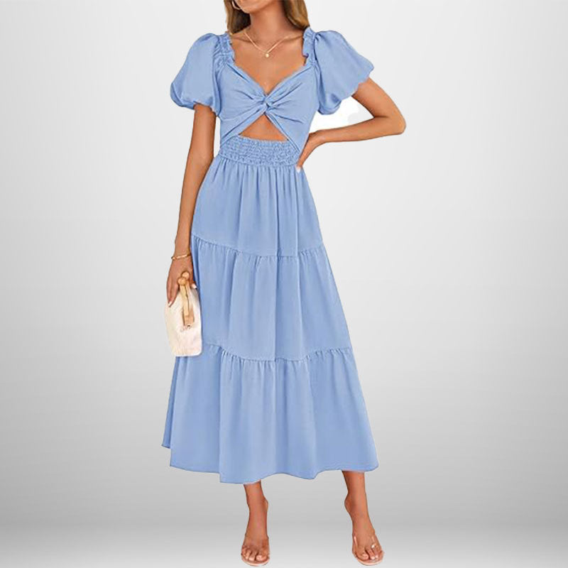 Women's Long Dress – V-Neck – Puff Sleeves – Smocked Waist – A-Line with Ruffles