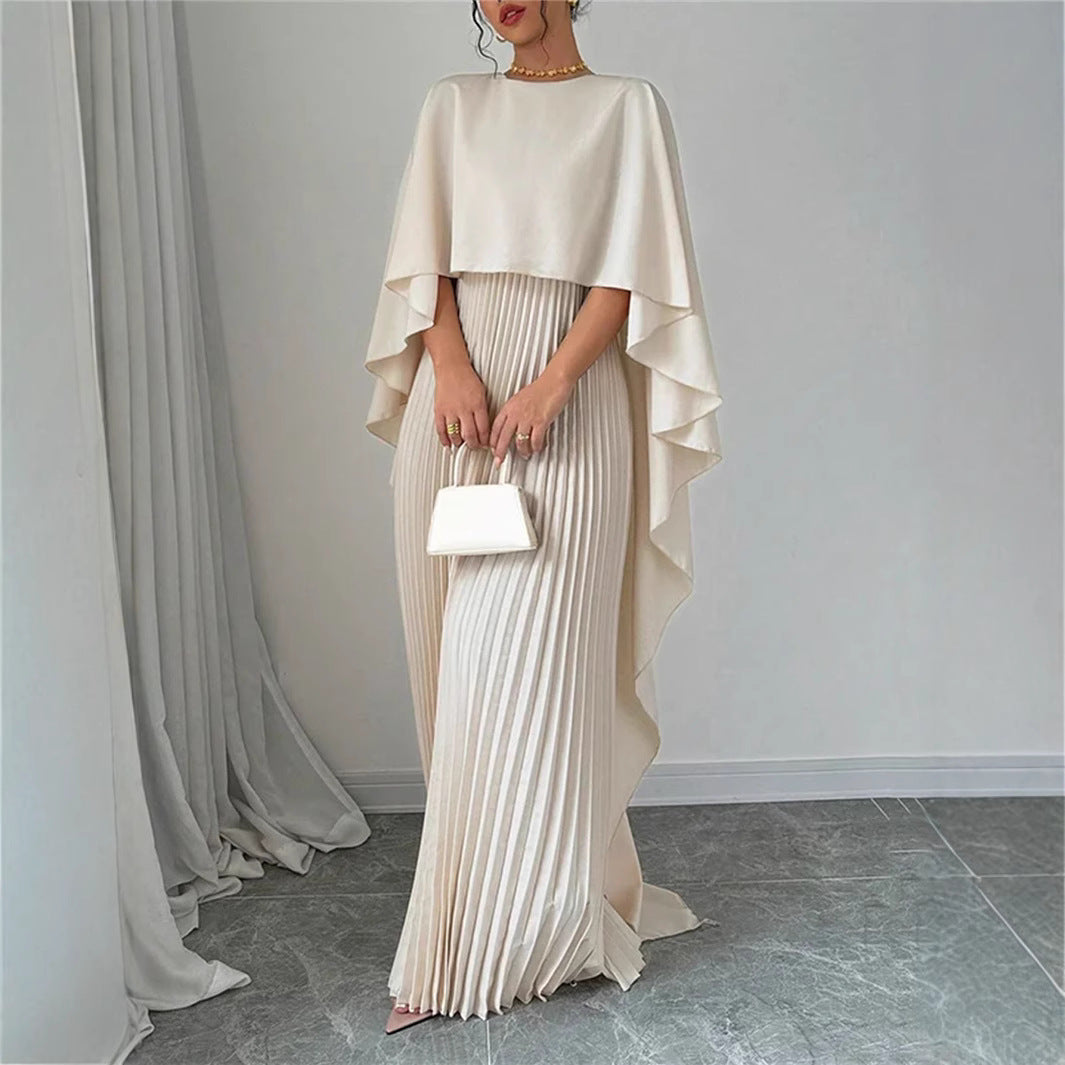Women's Elegant Pleated Maxi Dress - Batwing Sleeves - High Neck - Flowing Fit