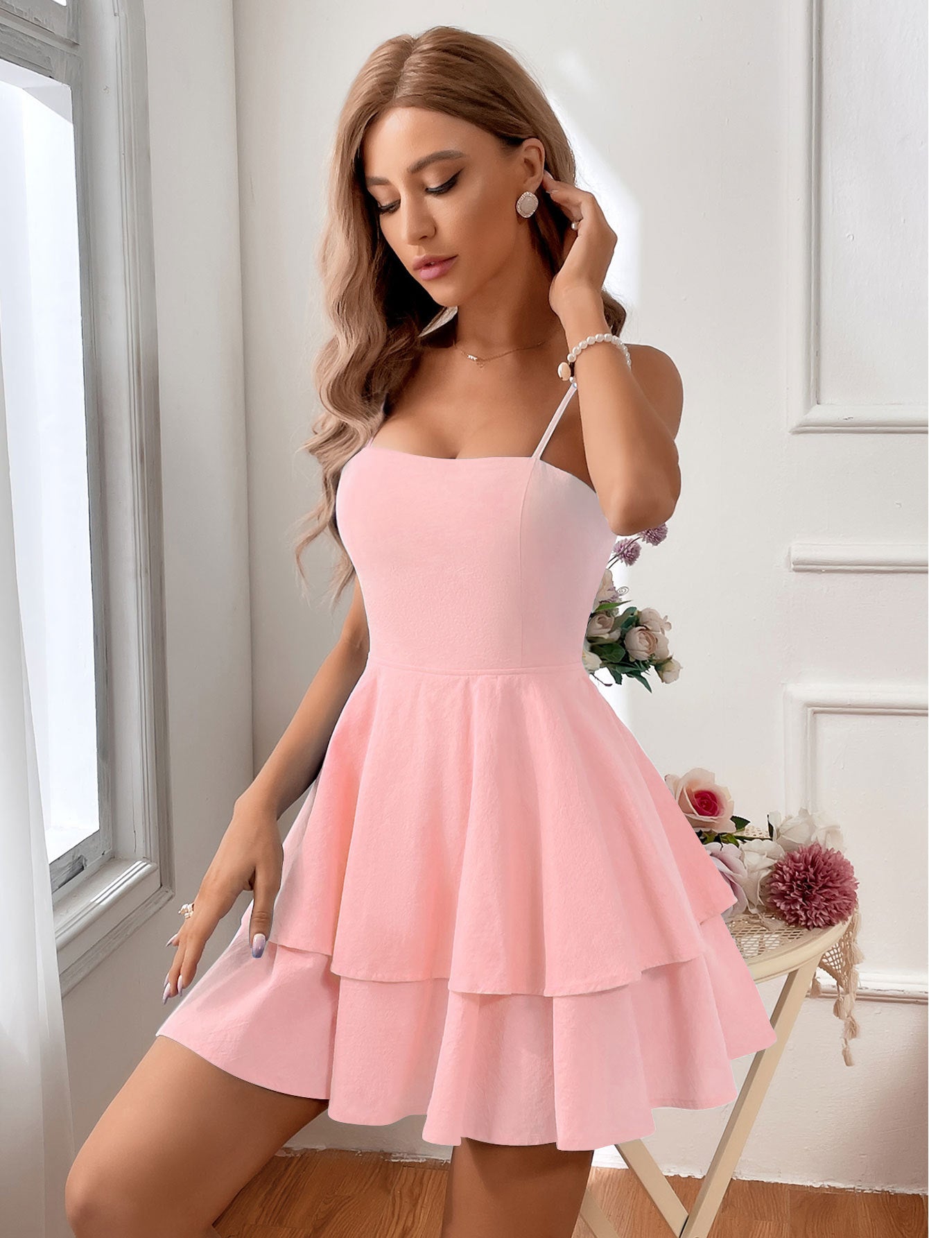 Dress for Women – Sleeveless – Fitted Bodice – Backless – Ruffle Skirt – Spaghetti Straps
