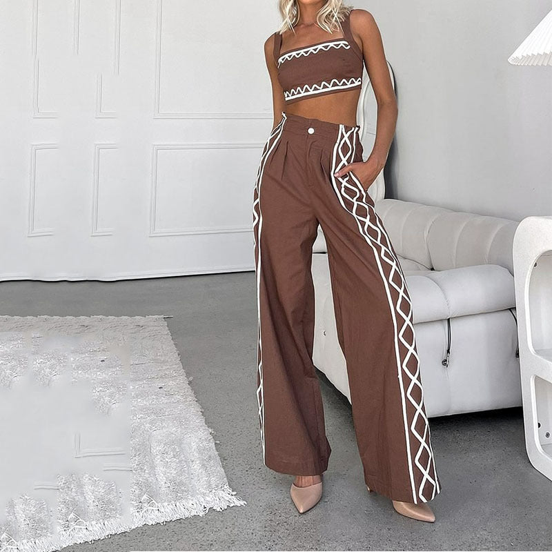 Women's Two-piece Set – Asymmetric Crop Top – High Waist Pants – Wide Leg – Print