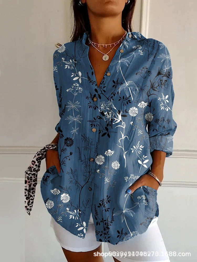 Women’s Blouse – Long-Sleeve Relaxed Fit – V-Neck Abstract Print – Modern Casual