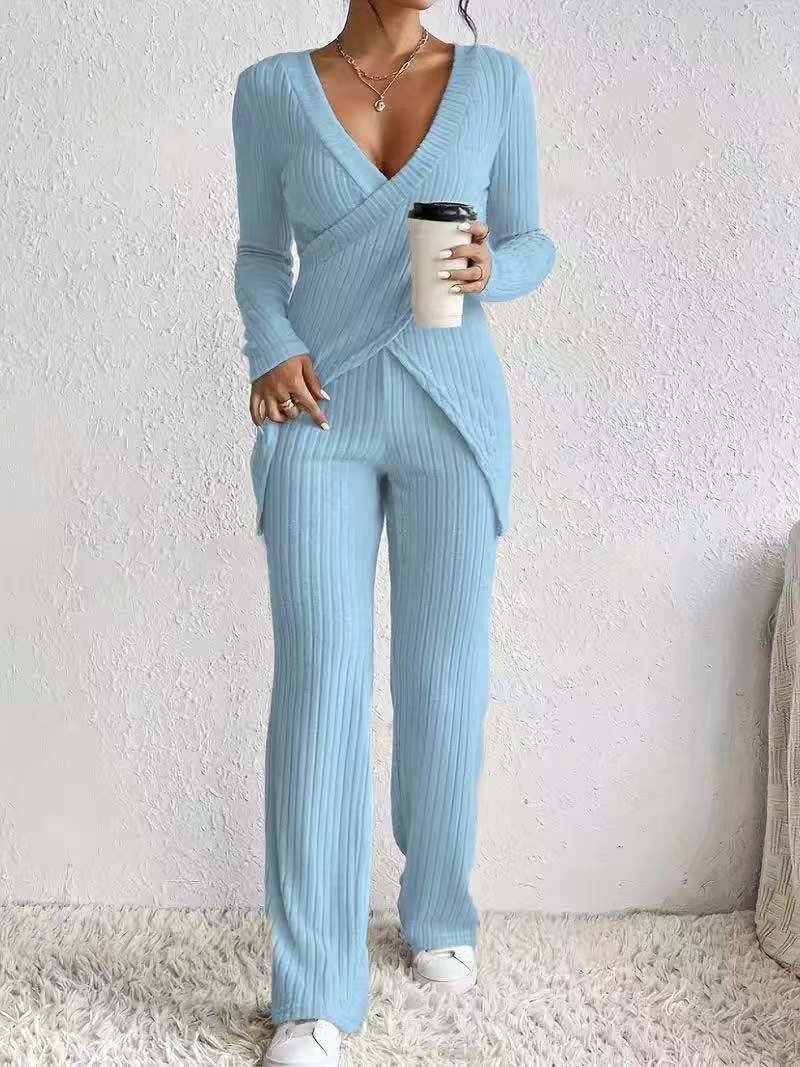 Women's Set in Ribbed Material – Wrap Blouse with Long Sleeves – Loose Pants