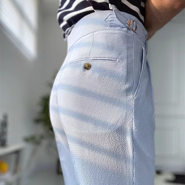 Men's Trousers – Straight Leg – High Waist – Front Pleats – Textured Breathable Fabric