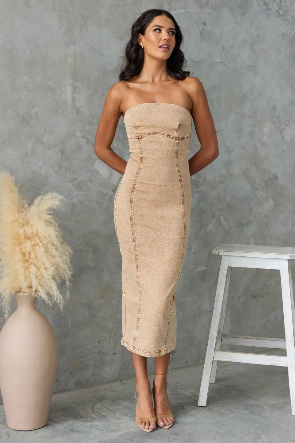 Women's Strapless Denim Dress – Slim Fit – Midi Length – Structured Seam Detailing