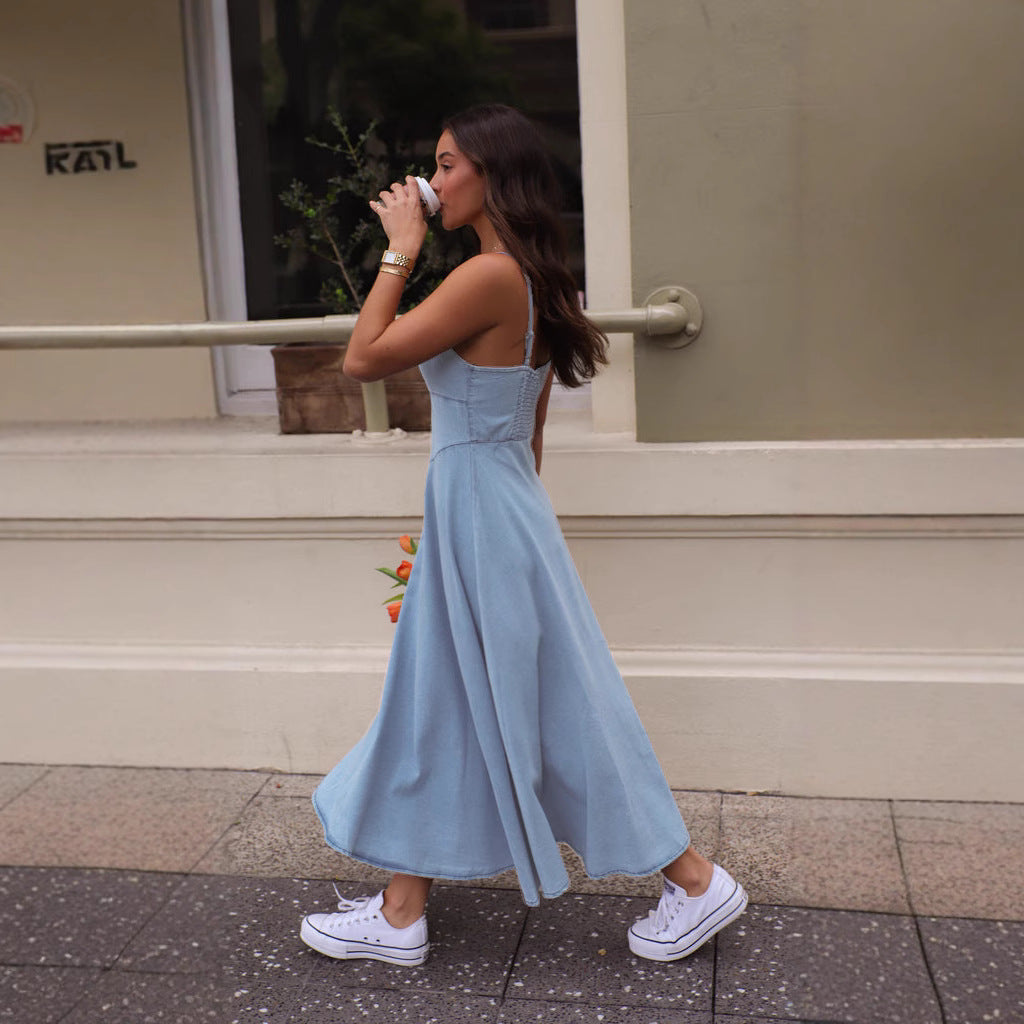 Women's Midi Dress – Slim Fit – Spaghetti Straps – Sweetheart Neckline – Denim Look