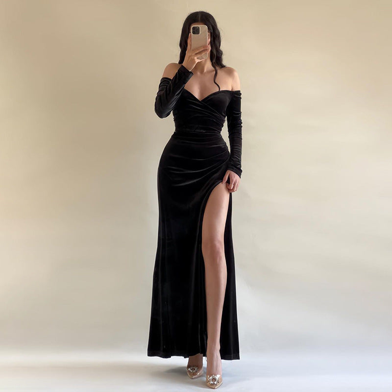 Women's Long Dress – Slim Fit – Velour – Off Shoulder – Slit – Evening Wear