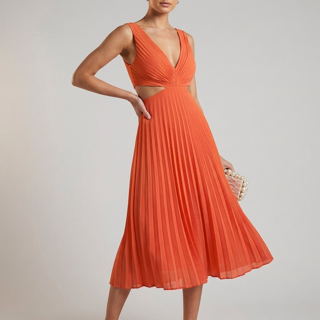Pleated Cutout Midi Dress for Women – Graceful Elegance & Flowing Style