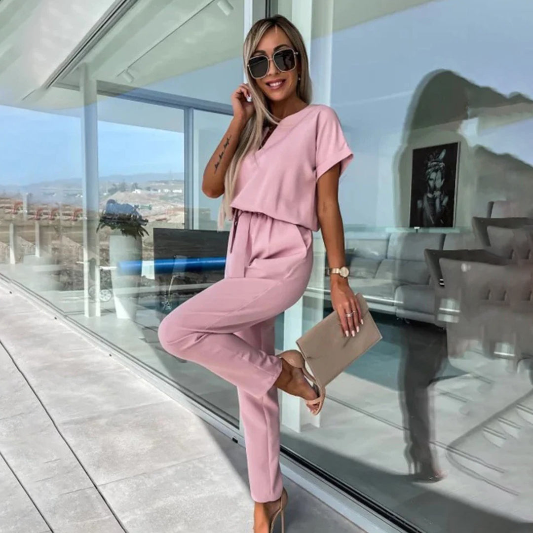 Women's Jumpsuit - Relaxed Fit - Short Sleeves - Keyhole Neckline - Fitted Waist