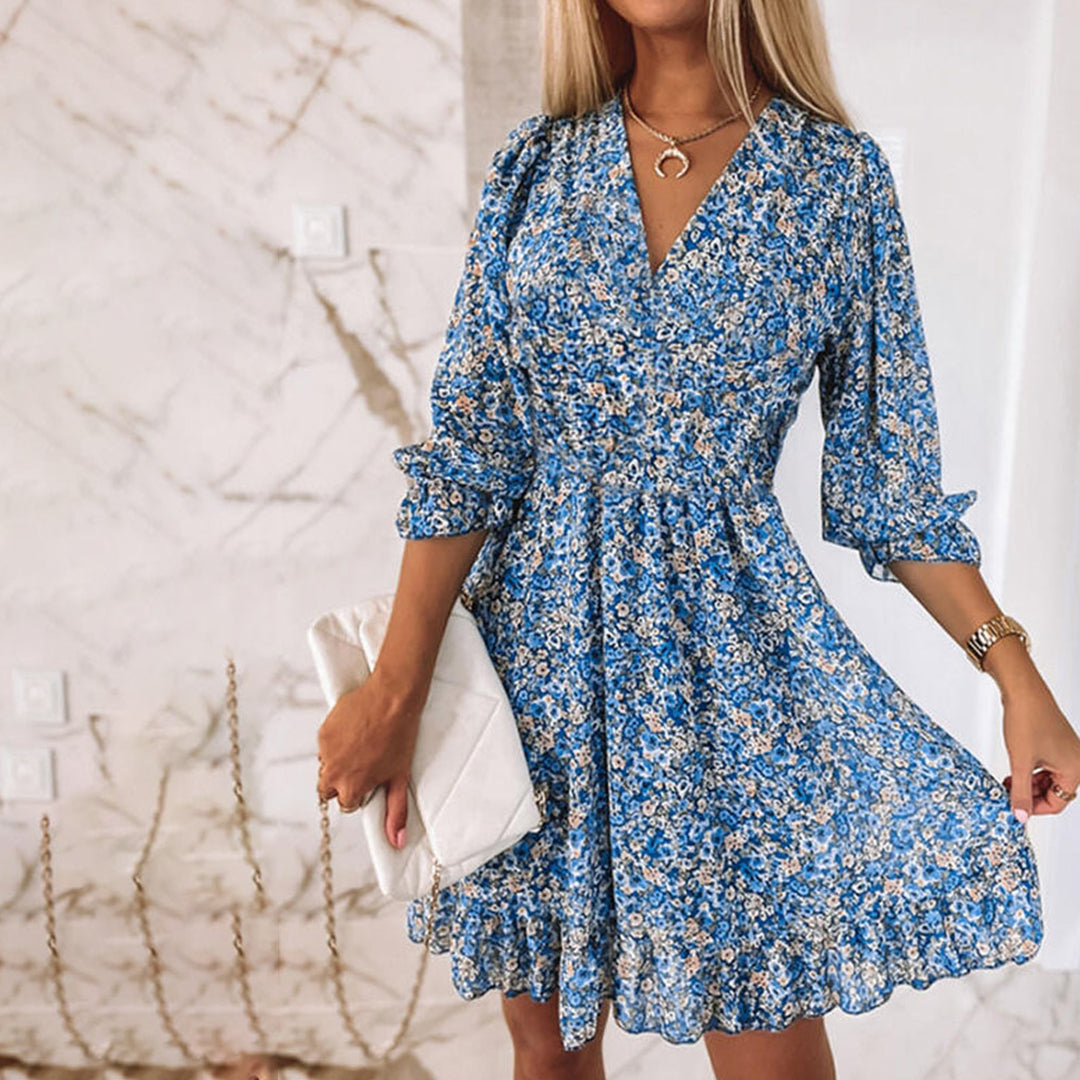 Women's Dress - A-line Fit - V-neck - 3/4 Sleeves - Elastic Waist - Floral Pattern