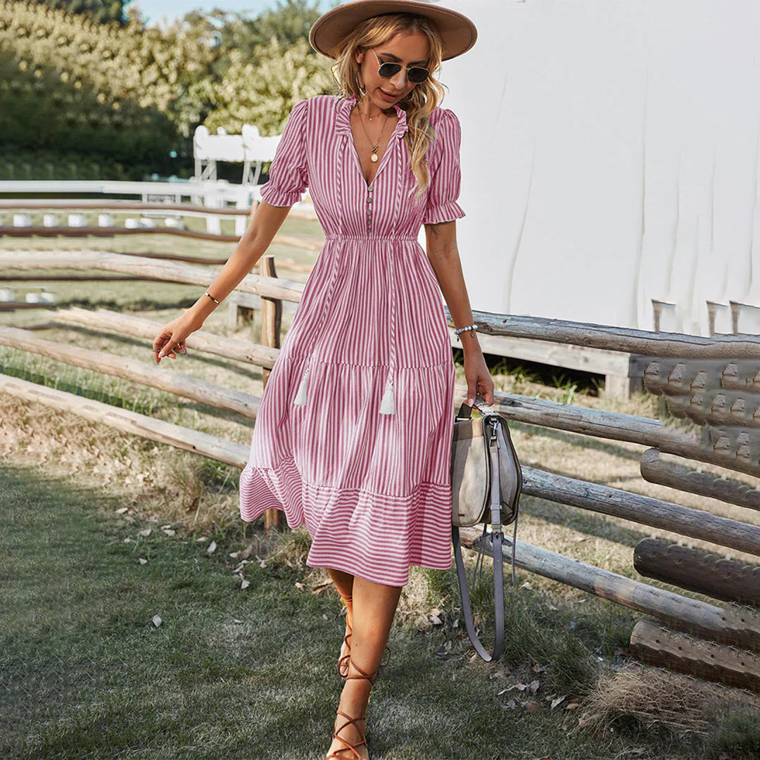 Women's Dress - Bohemian V-neck - Button Closure - Puff Sleeves - Light and Breathable