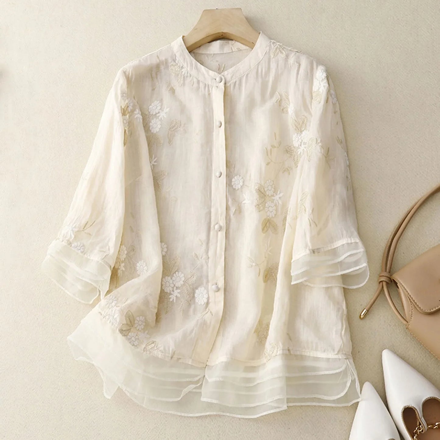 Floral Embroidered Button Front Blouse for Women – Graceful Everyday Elegance