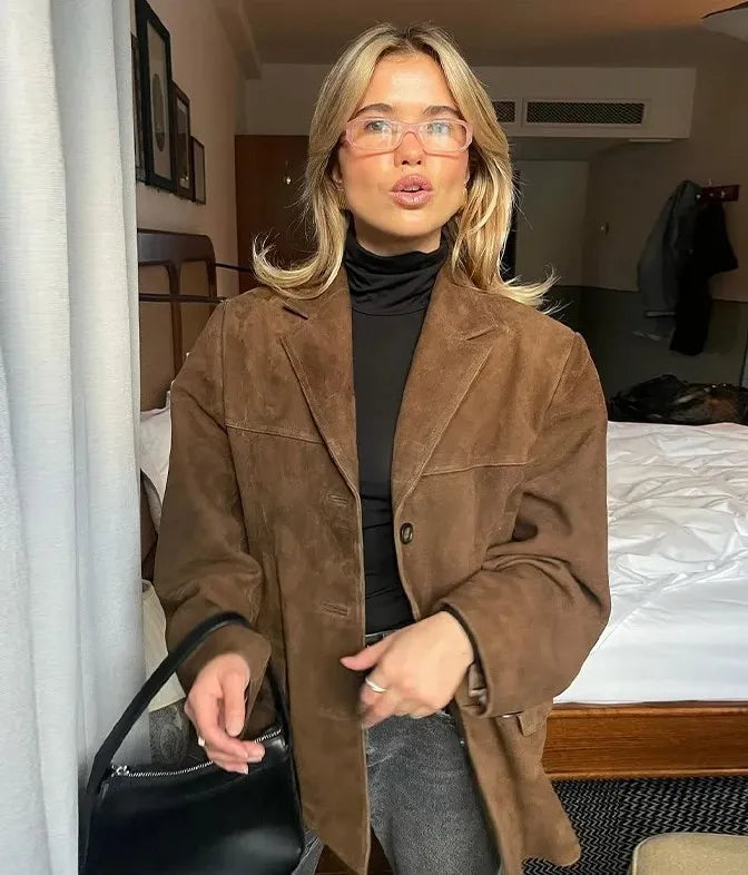 Women's Suede Jacket - Short Fitted - Button Closure - Classic Design with Flap Pockets