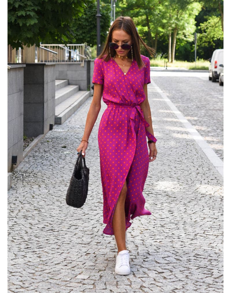 Women's Wrap Dress - Floral Print - V-Neck - Short Sleeves - Midi Length with Slit