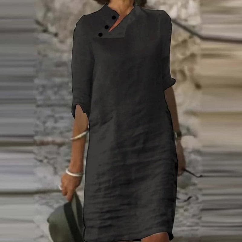 Women's Dress - Loose Fit - Knee Length - 3/4 Sleeves - Asymmetric Neckline with Button