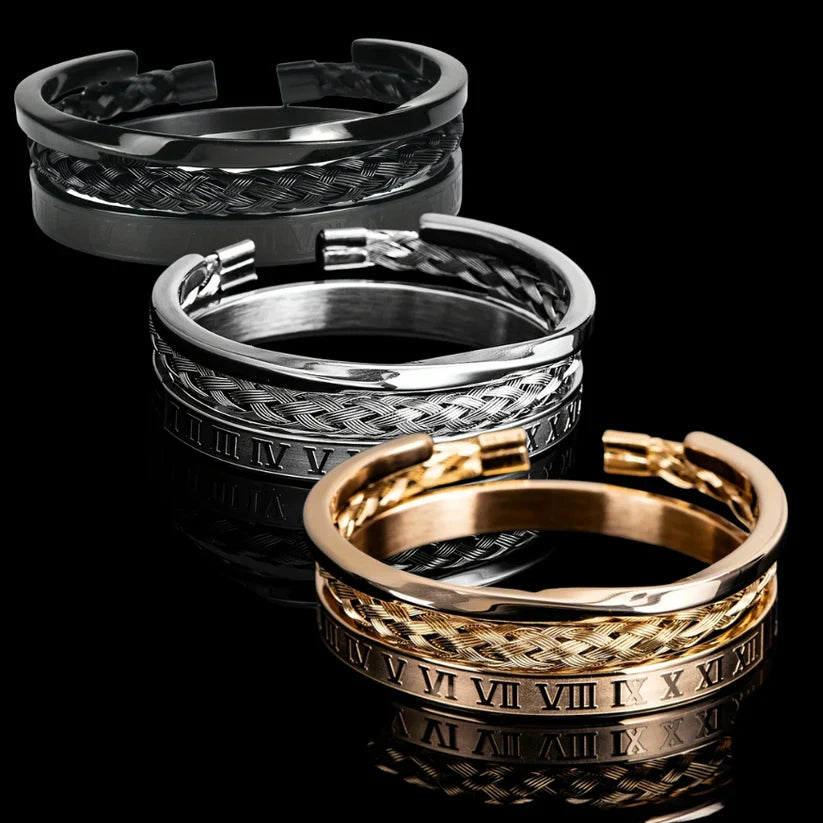 Oliver Bracelet Set | Open-Ended Braided Engraved Solid Bracelet Three-Piece Set