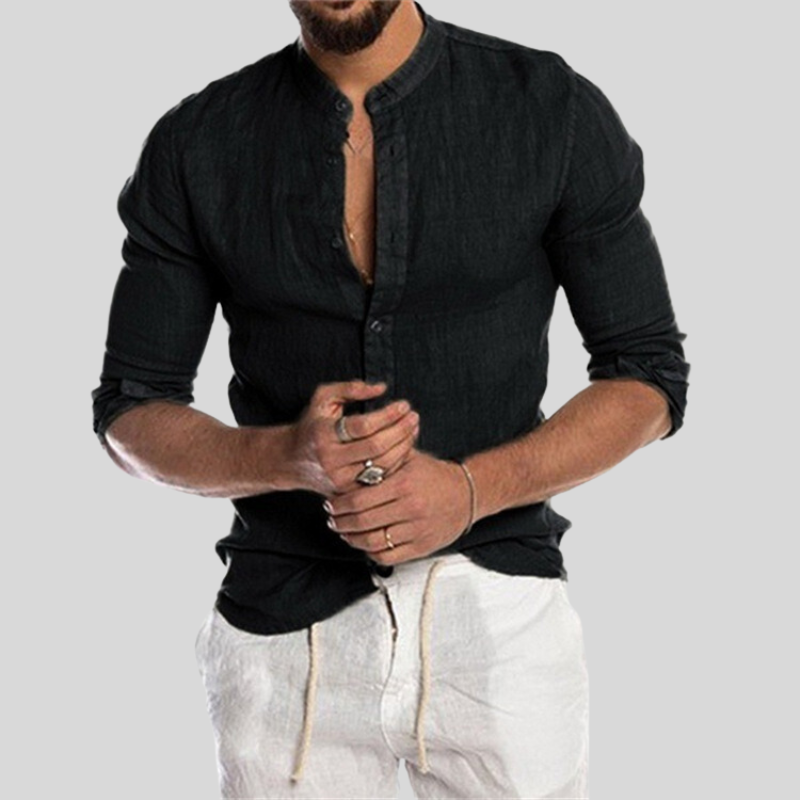 Men's Shirt - Breathable Linen Blend - Relaxed Fit - Mandarin Collar - Long Sleeves