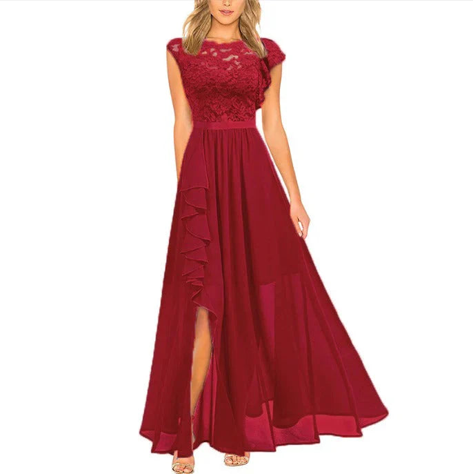 Women's Evening Dress - Lace Top - Long Flowy Skirt - High Slit Elegant Cut