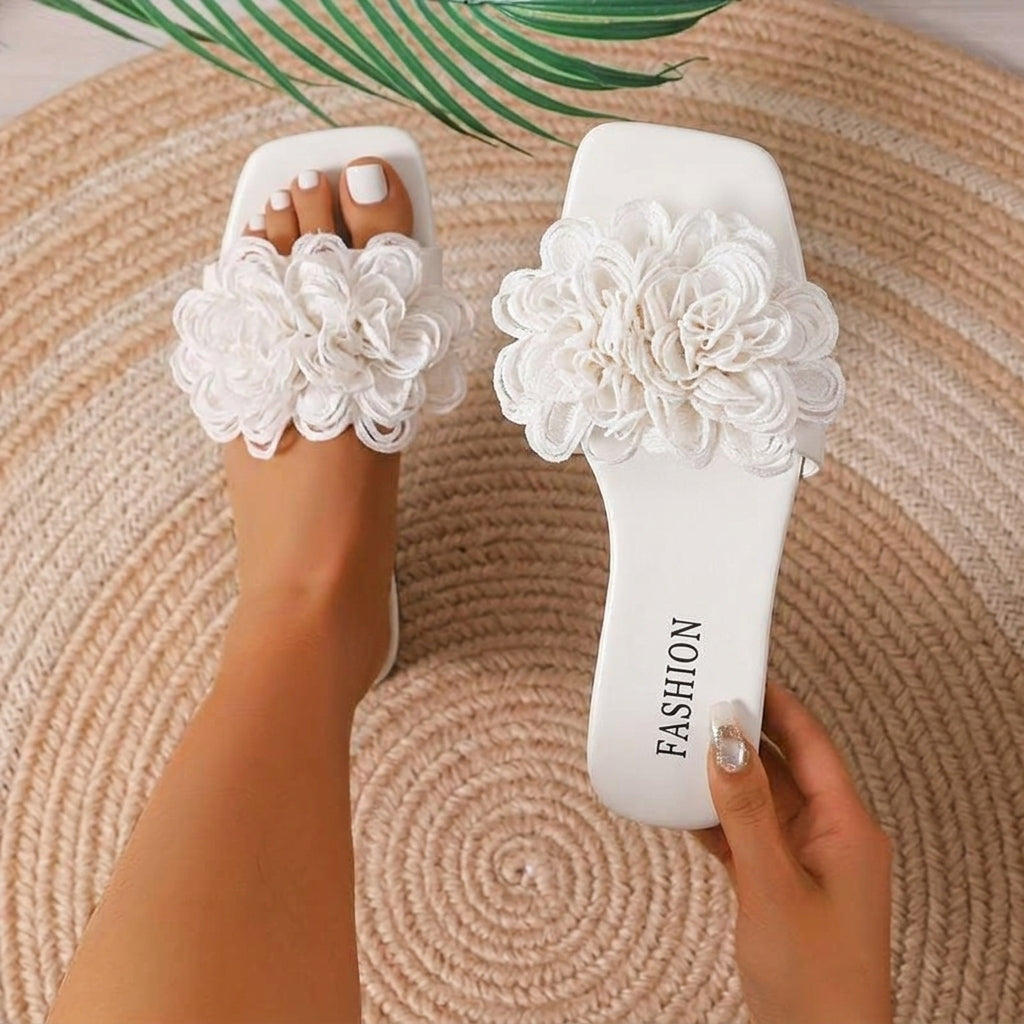 Women's Slide Sandals - Floral Appliqué - Flat Sole Comfort for Summer Days