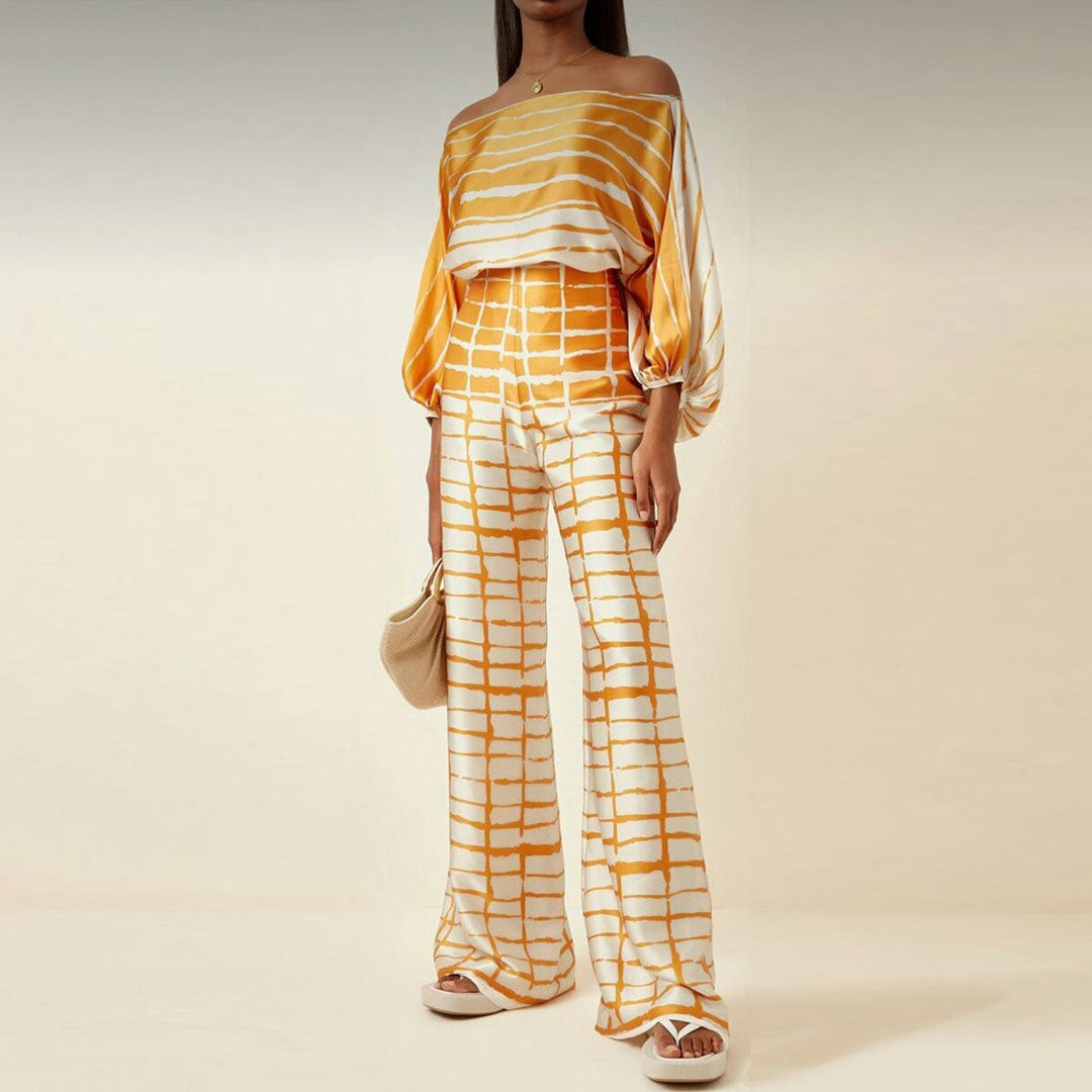 Women's Two-Piece Set – Off Shoulder Top – Wide Waist Pants – Silky Luxury Fabric