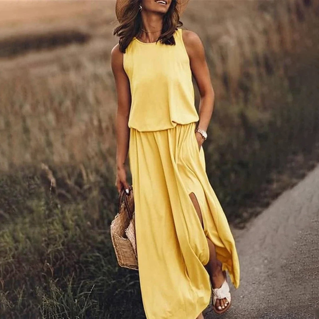 Women's Maxi Dress - Sleeveless and Light - Elastic Waist - Elegant with Side Slit