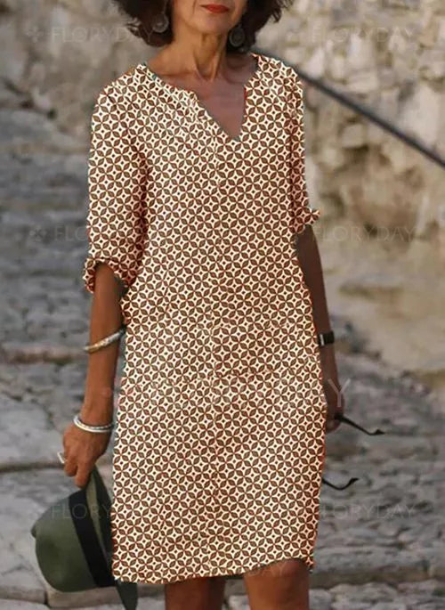 Dress for Women – Relaxed Fit – V-Neck – 3/4 Sleeves – Geometric Pattern