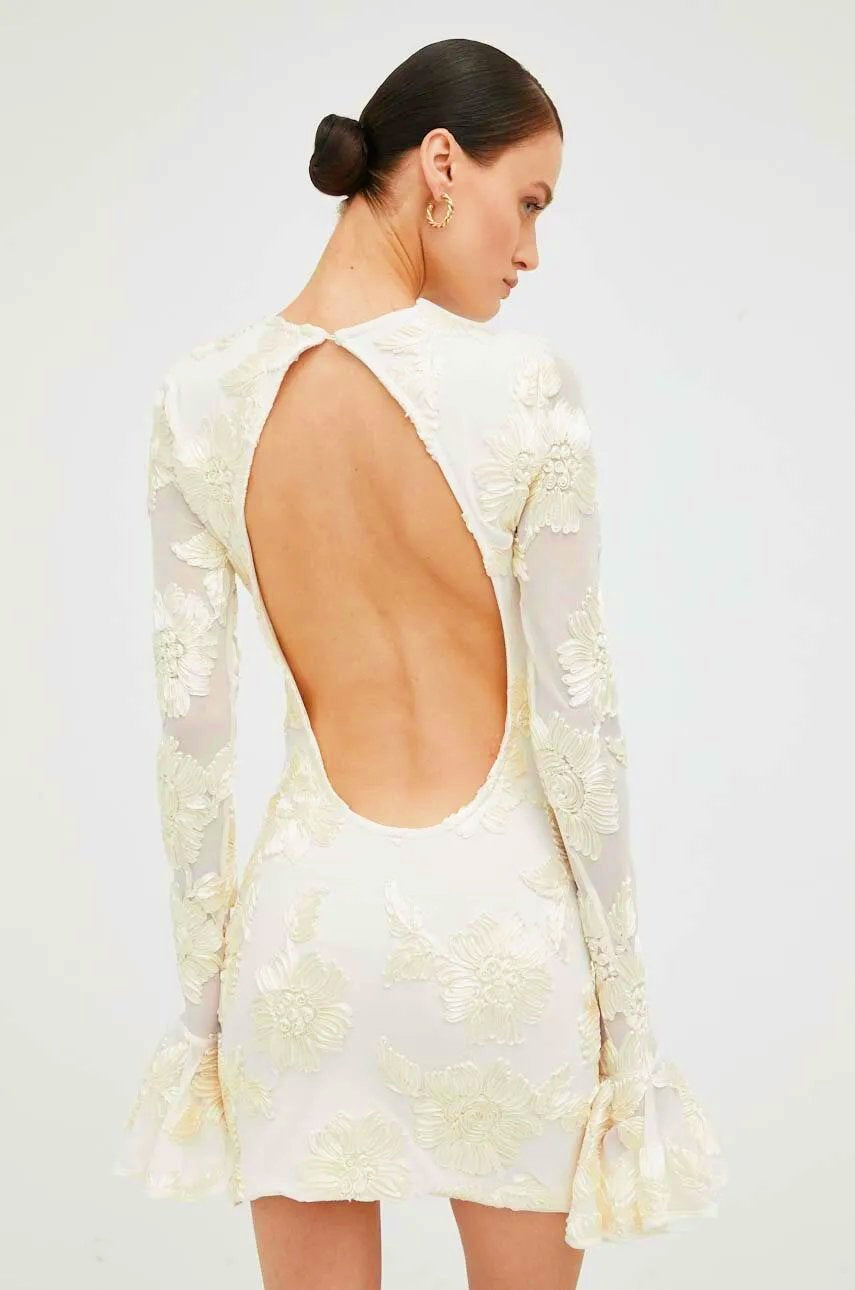 Dress for Women – Body-Length Fit – Floral Embroidery – Open Back – Long Sleeves