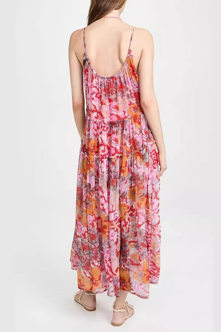 Women's Maxi Dress – Sleeveless – V-Neck – Spaghetti Straps – Light and Airy – Layered Design