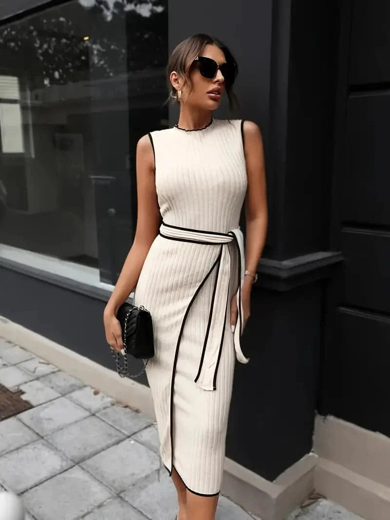 Dress for Women - Sleeveless Rib Knit - Midi Length - Waist Belt - Elegant Fit