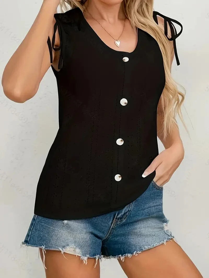 Women's Knit Top - Sleeveless with Buttons - Eyelet Pattern and Tie Strings