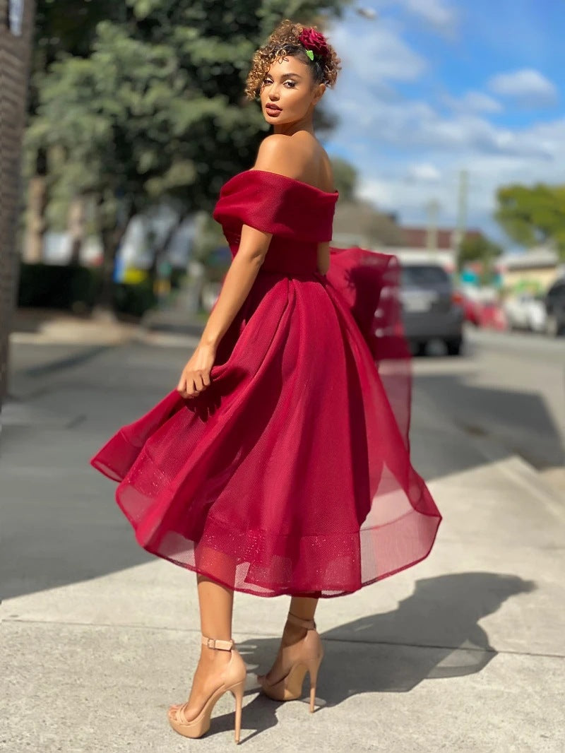 Women's Off-Shoulder Dress - A-Line - Midi Length - Elegant Party Dress