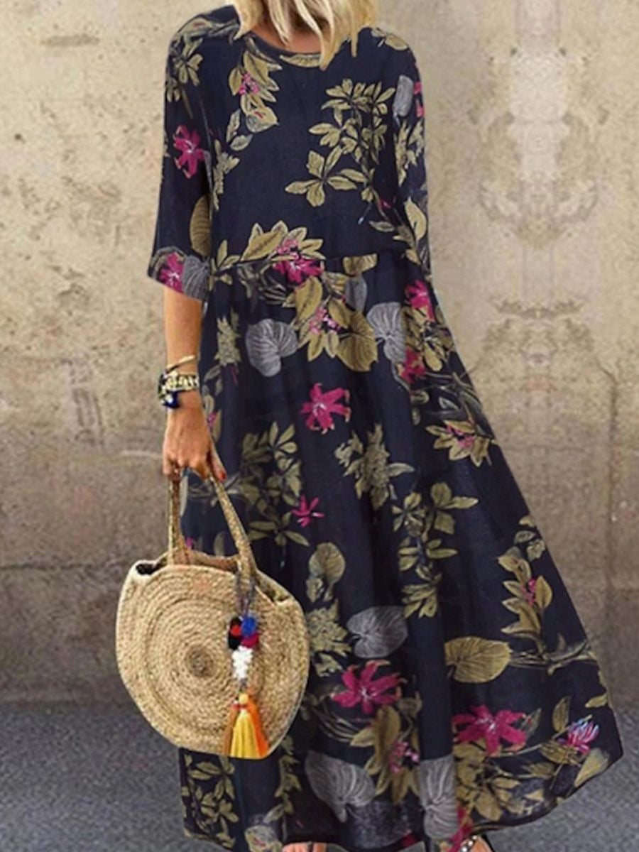 Dress for Women – Maxi – Relaxed Fit – Floral Print – Half Sleeve – Round Neck