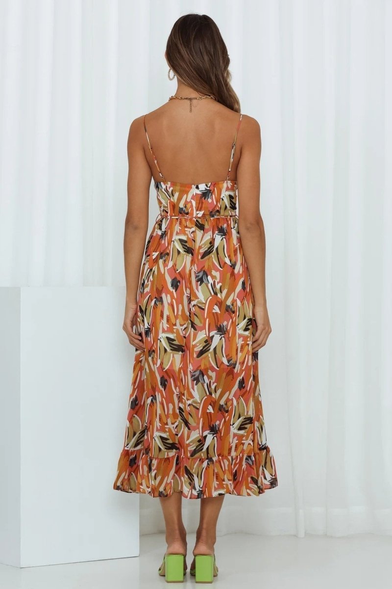 Dress for Women – Midi Length – Light Chiffon – Spaghetti Straps – Ruffle Hem – V-Neck