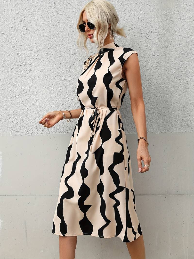 Woman Dress - Sleeveless High Neck - Adjustable Waist - Knee-Length Elegant Design