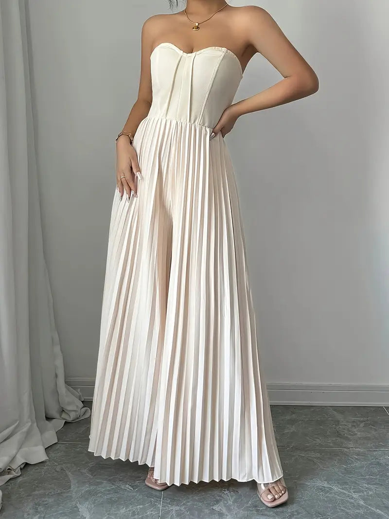 Women's Jumpsuit - Strapless - Corset Fit - Wide Pleated Legs - Elegant Party Look