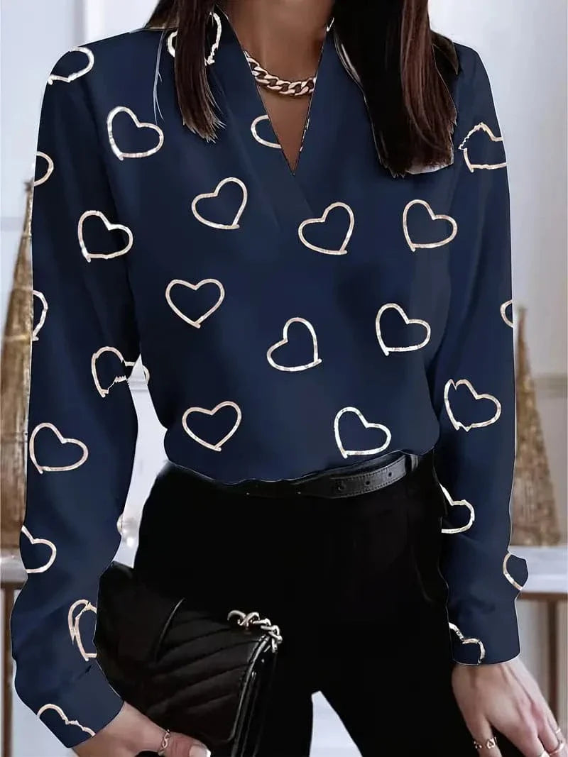 Women's Blouse - V-neck - Lightweight Fabric - Loose Fit - Elegant Long Sleeves - Heart Pattern