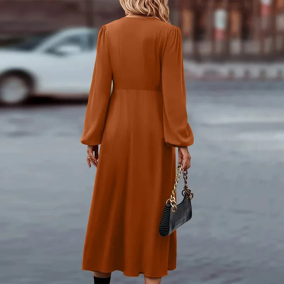 Women's Maxi Dress - V-Neck - Long Sleeves - Button Details - Elegant and Flowy Fit