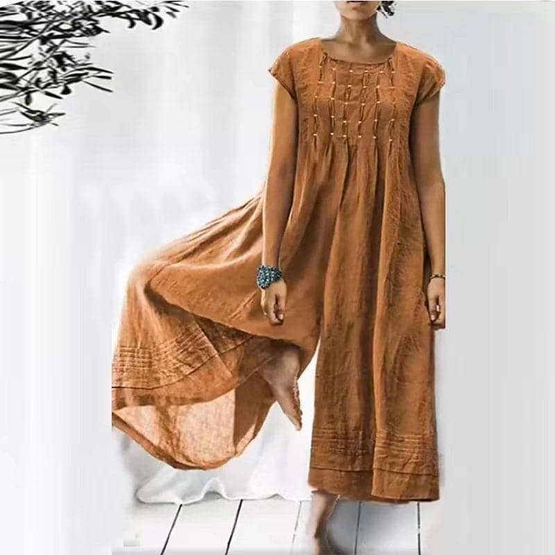 Women Maxi Dress - Loose Fit - Short Sleeves - Round Neck - Light and Breathable