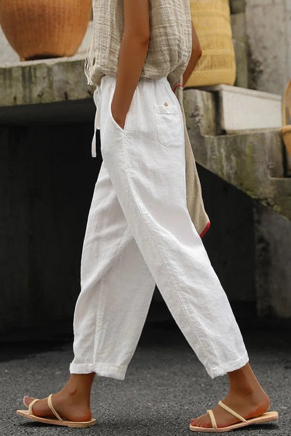 Women's Pants – Loose Fit – Breathable Natural Fiber – Drawstring Waist – Full Length