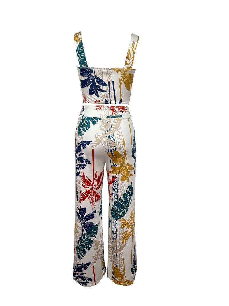 Women's Set – V-Neck Crop Top & High-Waisted Wide-Leg Pants – Tropical Print – With Pockets