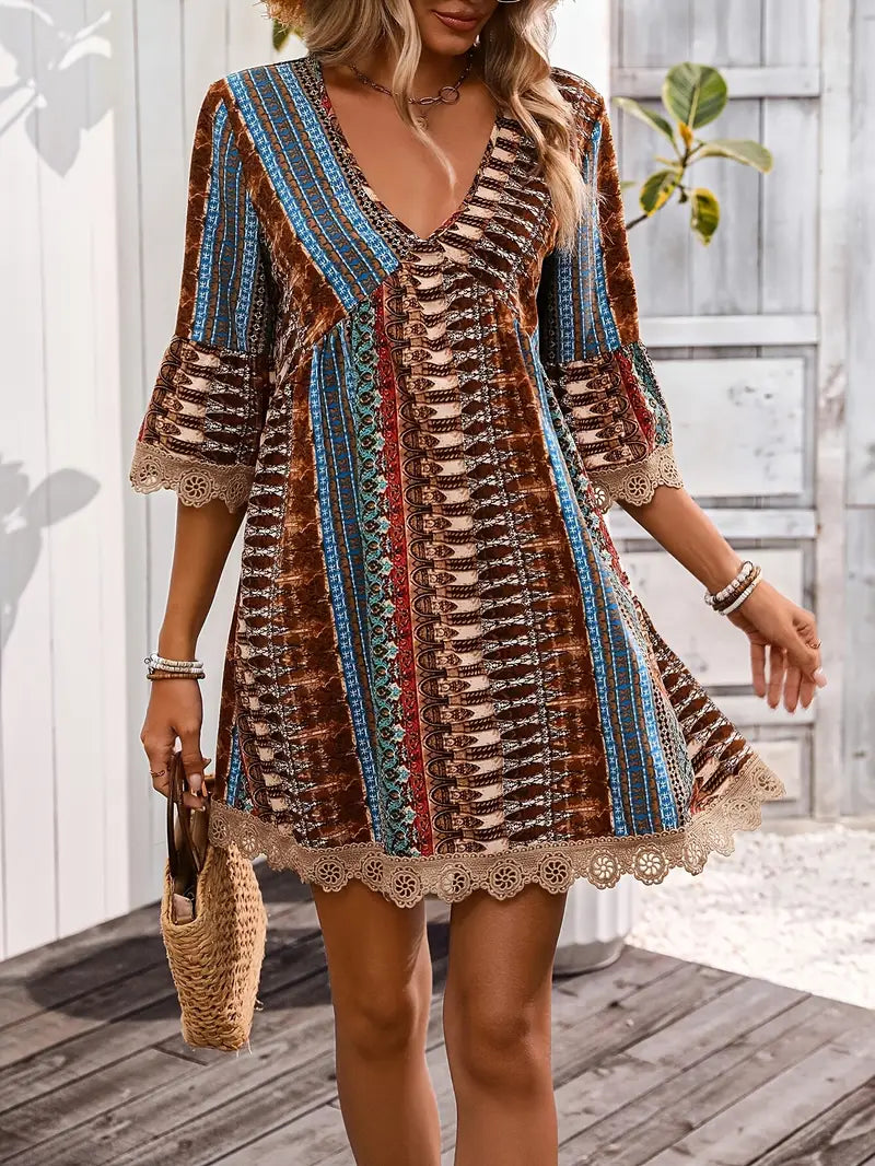 Women's Dress - Bohemian Style - V-Neck - Loose Ruffle Sleeves - Light and Breathable
