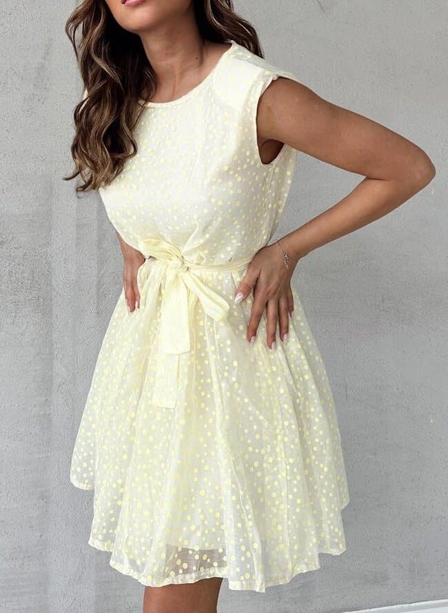 Anne - Solid Color and Yellow Polka Dot Dress with Belt Sleeves