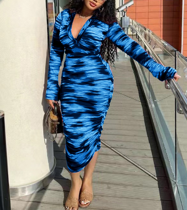 Women's Midi Dress - Bodycon Fit - Long Sleeves - V-Neck - Ruched Detail