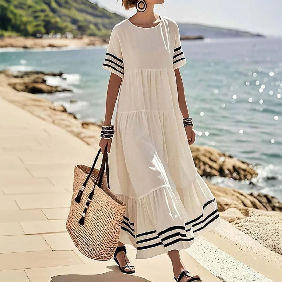 Dress for Women – Long Model – Loose Fit – Round Neck – Short Sleeves – Tiered Design