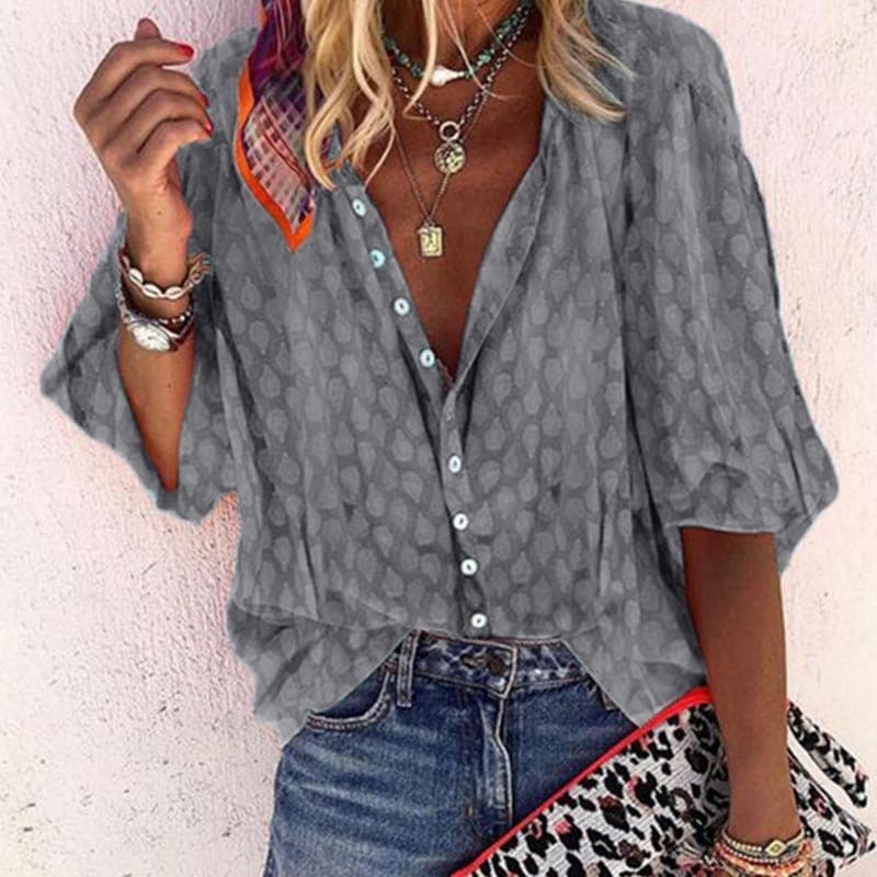 Women's Blouse - Relaxed Fit - V-Neck with Buttons - 3/4 Sleeves - Light and Airy
